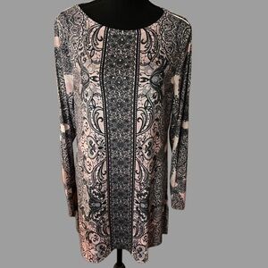 Style and Co Pink Paisley Rhinestone Beaded Long Sleeve Tunic Top Size L